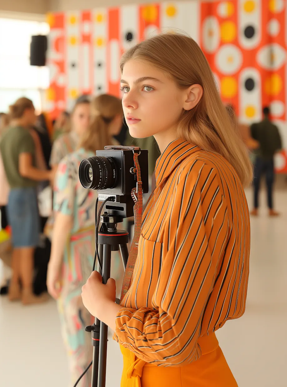 Young woman in an orange striped shirt holding a camera on a tripod in a busy indoor space with abstract orange and white wall art.