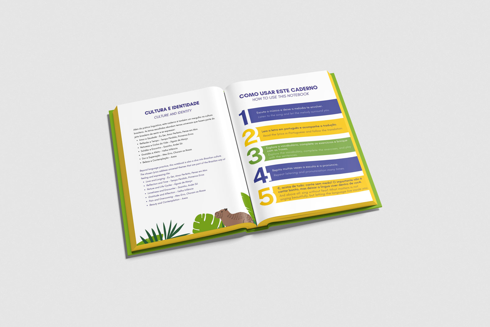 A colorful educational notebook designed to help learners explore Brazilian Portuguese through music, combining editorial layout, illustration, and cultural storytelling.