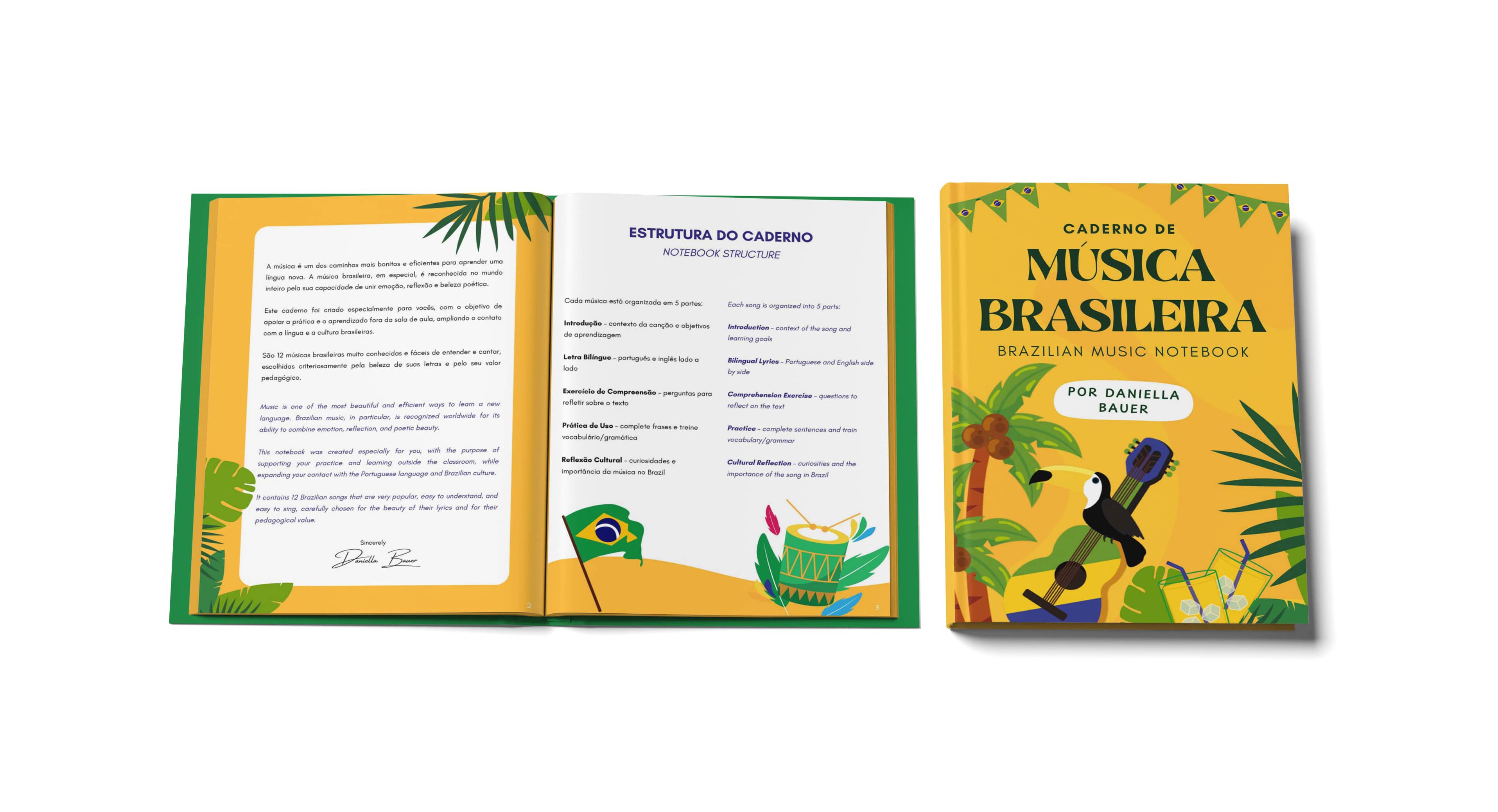 A colorful educational notebook designed to help learners explore Brazilian Portuguese through music, combining editorial layout, illustration, and cultural storytelling.