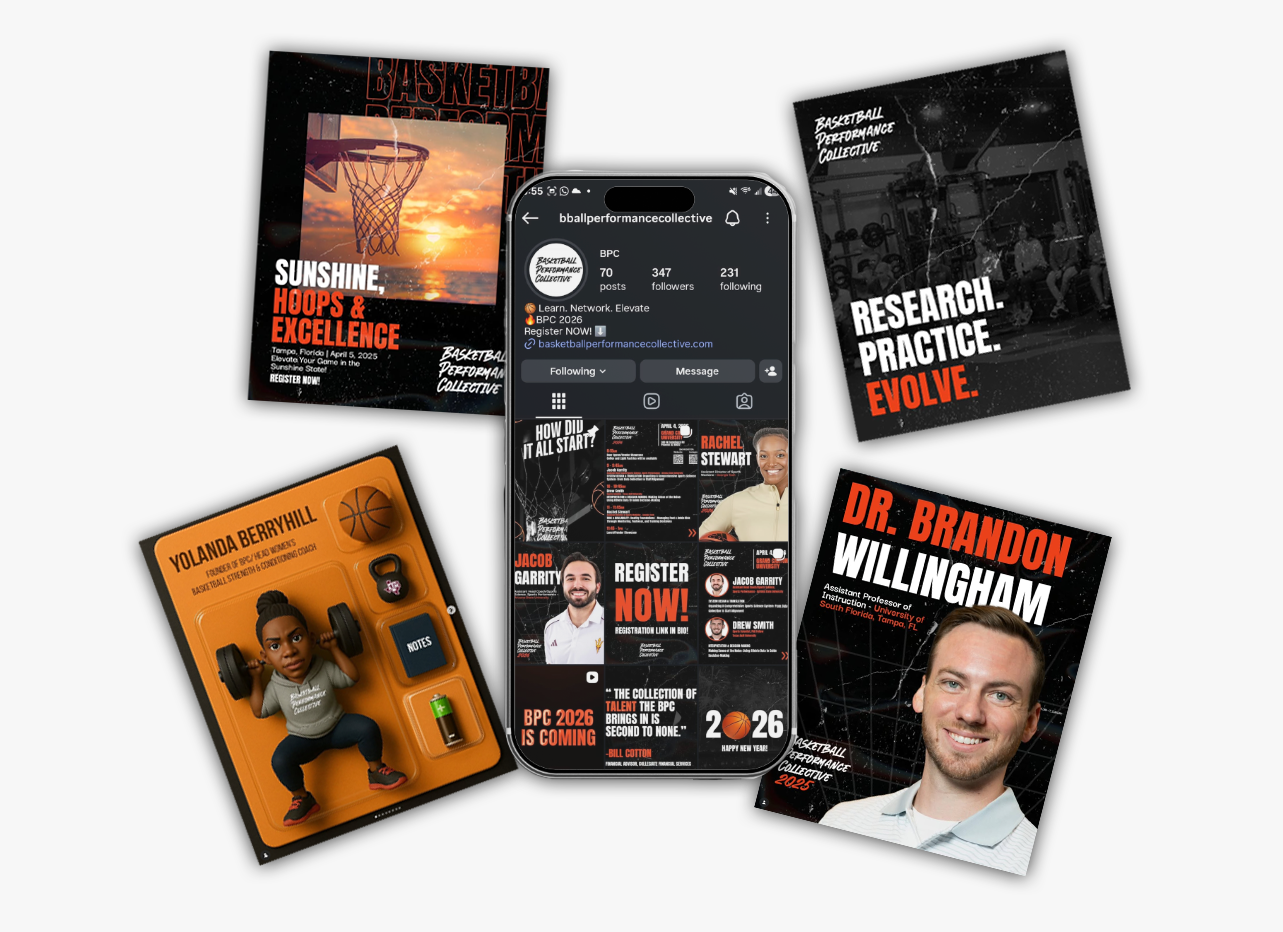 A cohesive social media strategy combining dynamic visuals and targeted content to increase engagement and convert followers into event attendees.