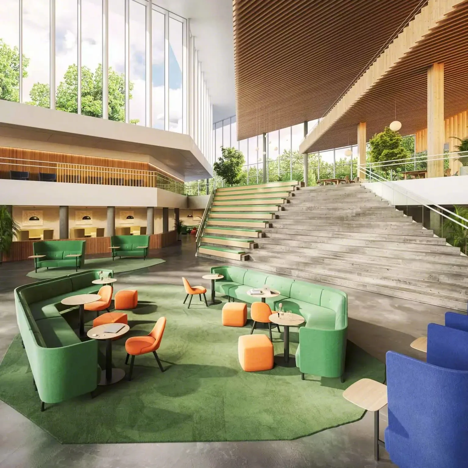 Spacious modern lounge area with green curved sofas, orange chairs and ottomans on a green carpet, beside large concrete stairs with wooden slatted ceiling and floor-to-ceiling windows.