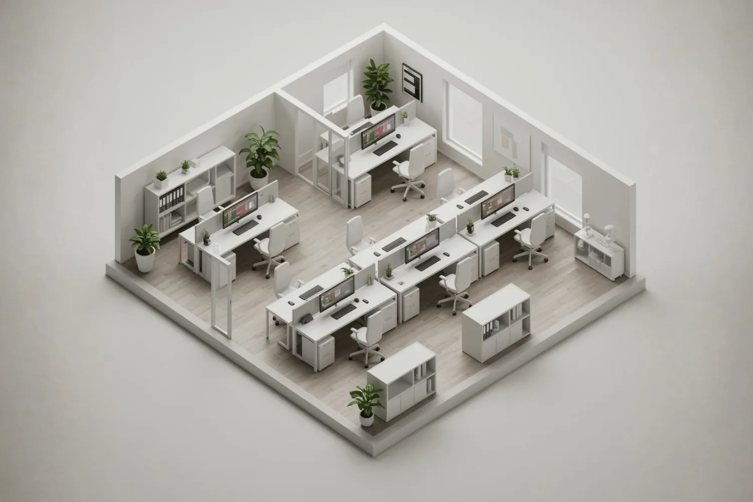 3D Planung einer modernen Büroeinrichtung zur Miete