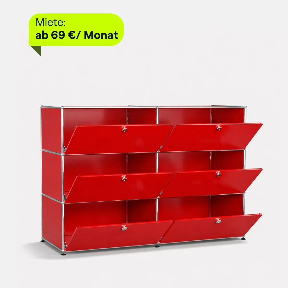 USM Haller Sideboard in Rot mit offenen Klappenfächern für Büro und Stauraum