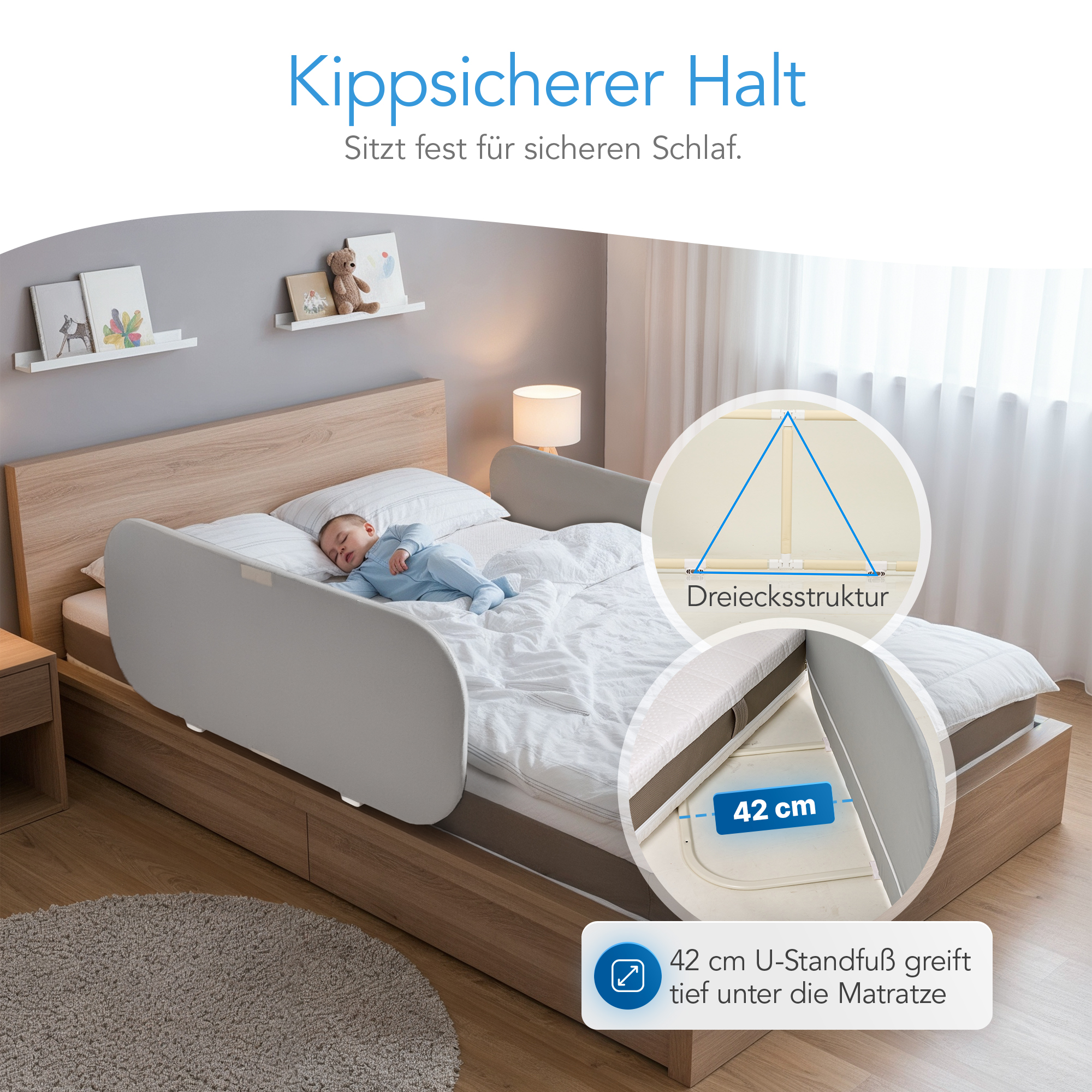 DRITA® Bettgitter Stabilität – U-Standfuß mit Dreiecksstruktur greift 42 cm unter die Matratze