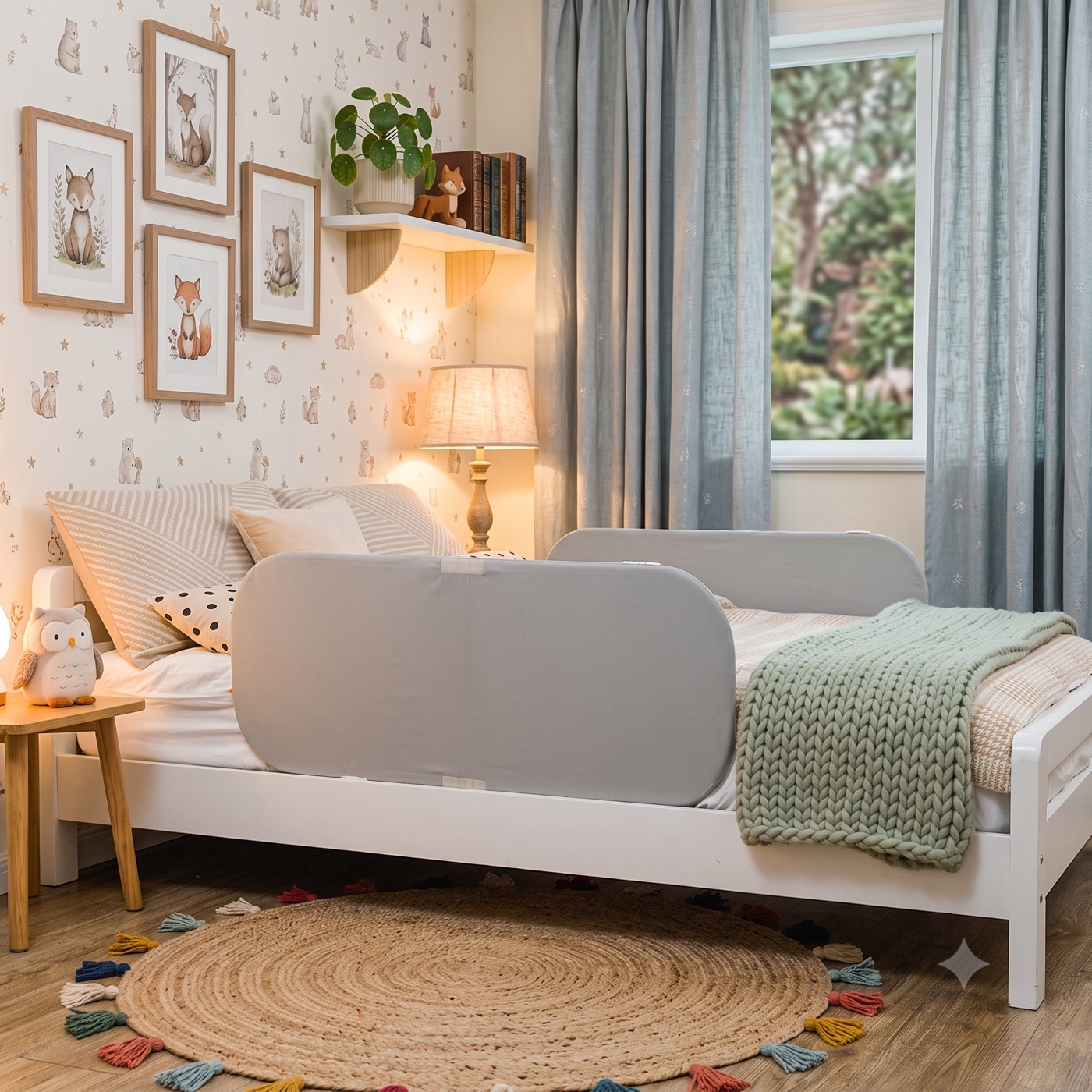 Helles Kinderzimmer mit großem Bett und grauem DRITA® Bettgitter