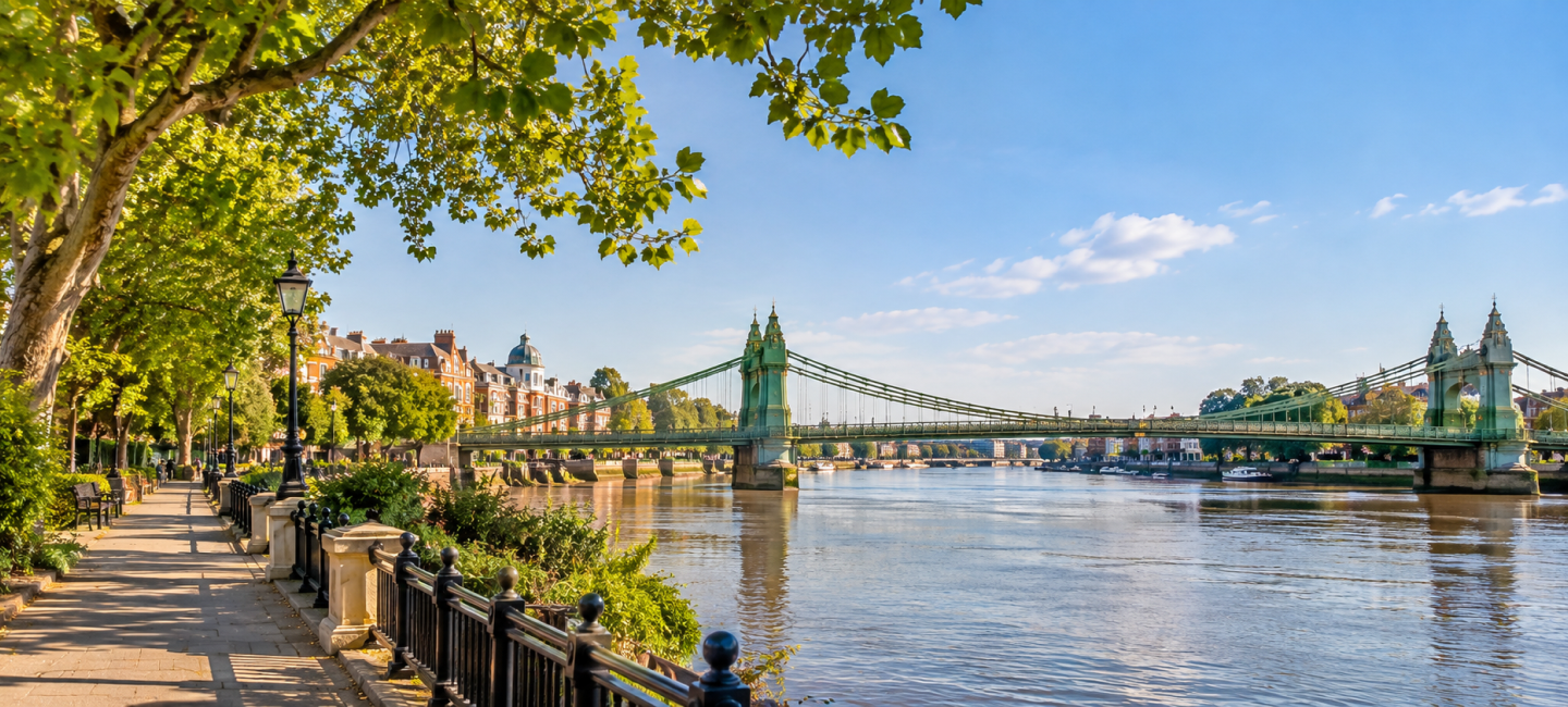 The Thames riverside path and Hammersmith Bridge