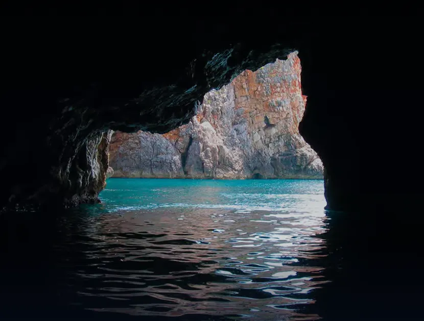 View from inside Blue Cave toward the open sea during a private tour