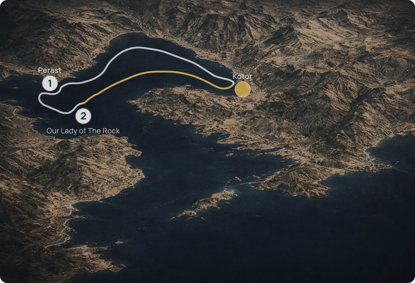 Map of a private boat tour in Boka Kotorska Bay including Kotor, Perast, Our Lady of the Rocks and Porto Montenegro
