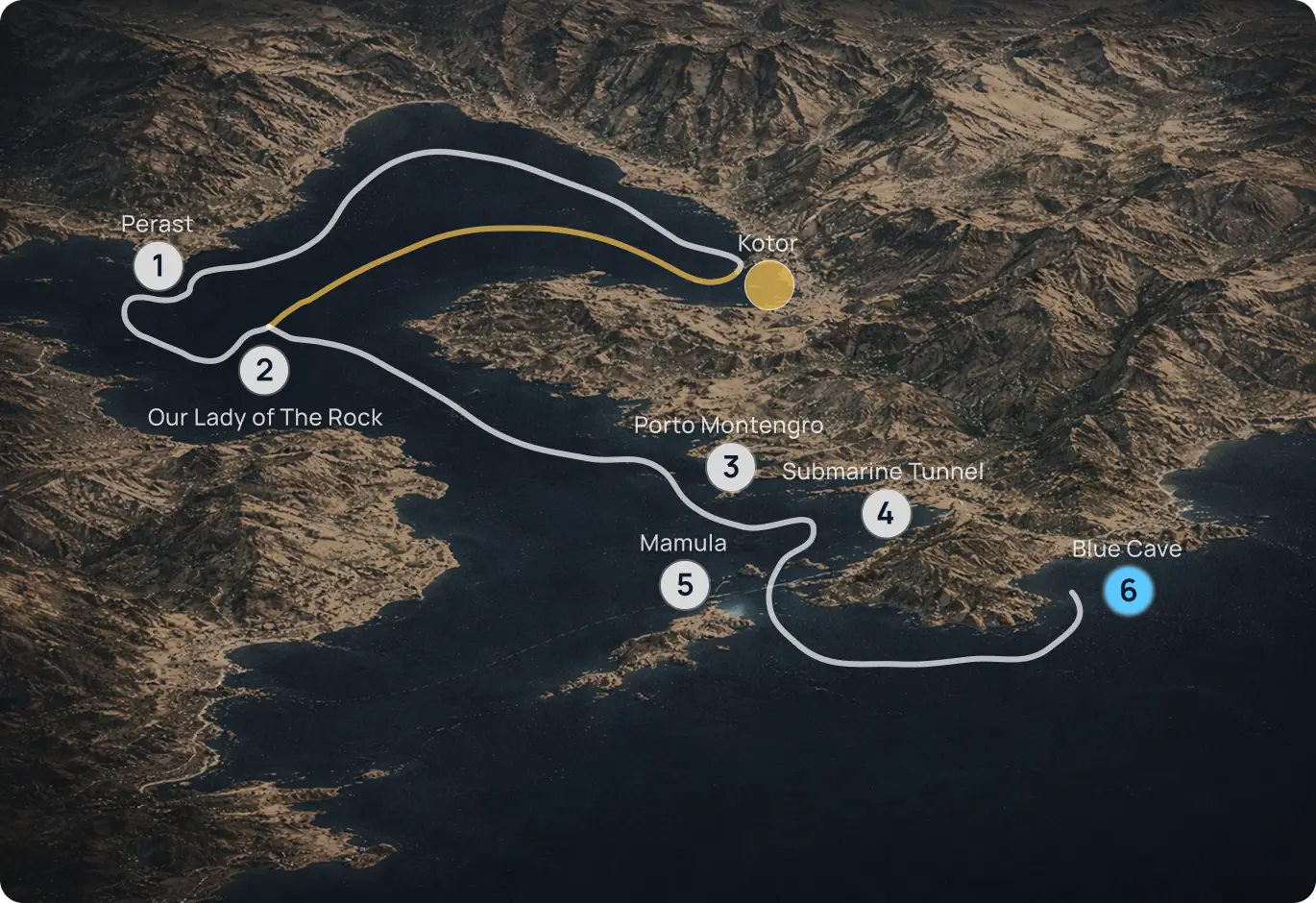 Map of a private boat tour in Boka Kotorska Bay including Kotor, Perast, Our Lady of the Rocks and Porto Montenegro