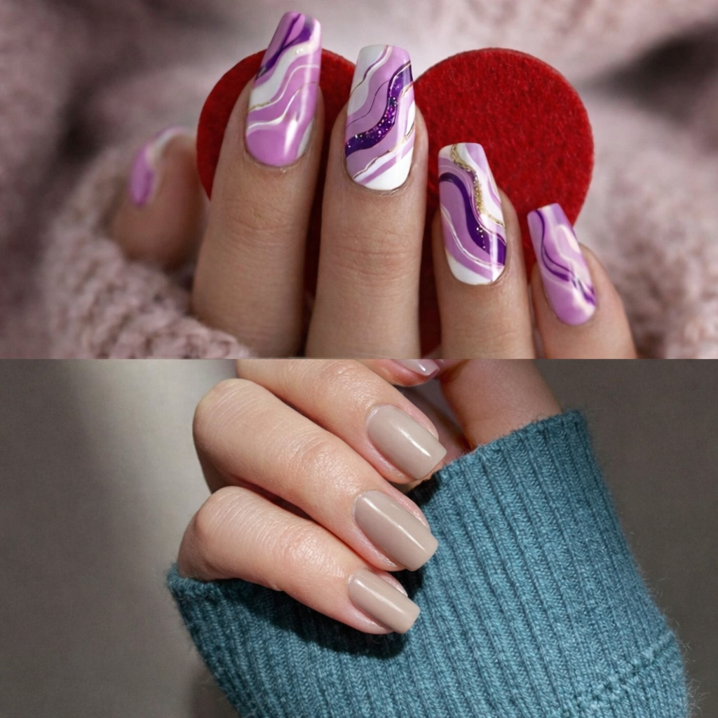 Bovenste afbeelding: hand met nagels in paarse, witte en gouden golvende nail art, onderste afbeelding: hand met neutraal beige gelakte nagels.