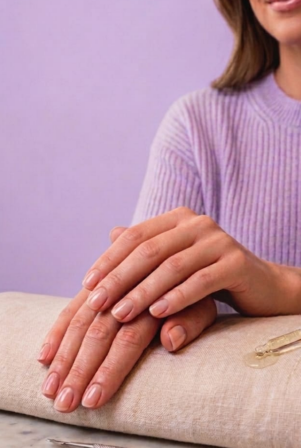 Vrouw met verzorgde handen en neutrale nagellak, zittend voor een beige doek met een pipetflesje en een manicure-instrument.
