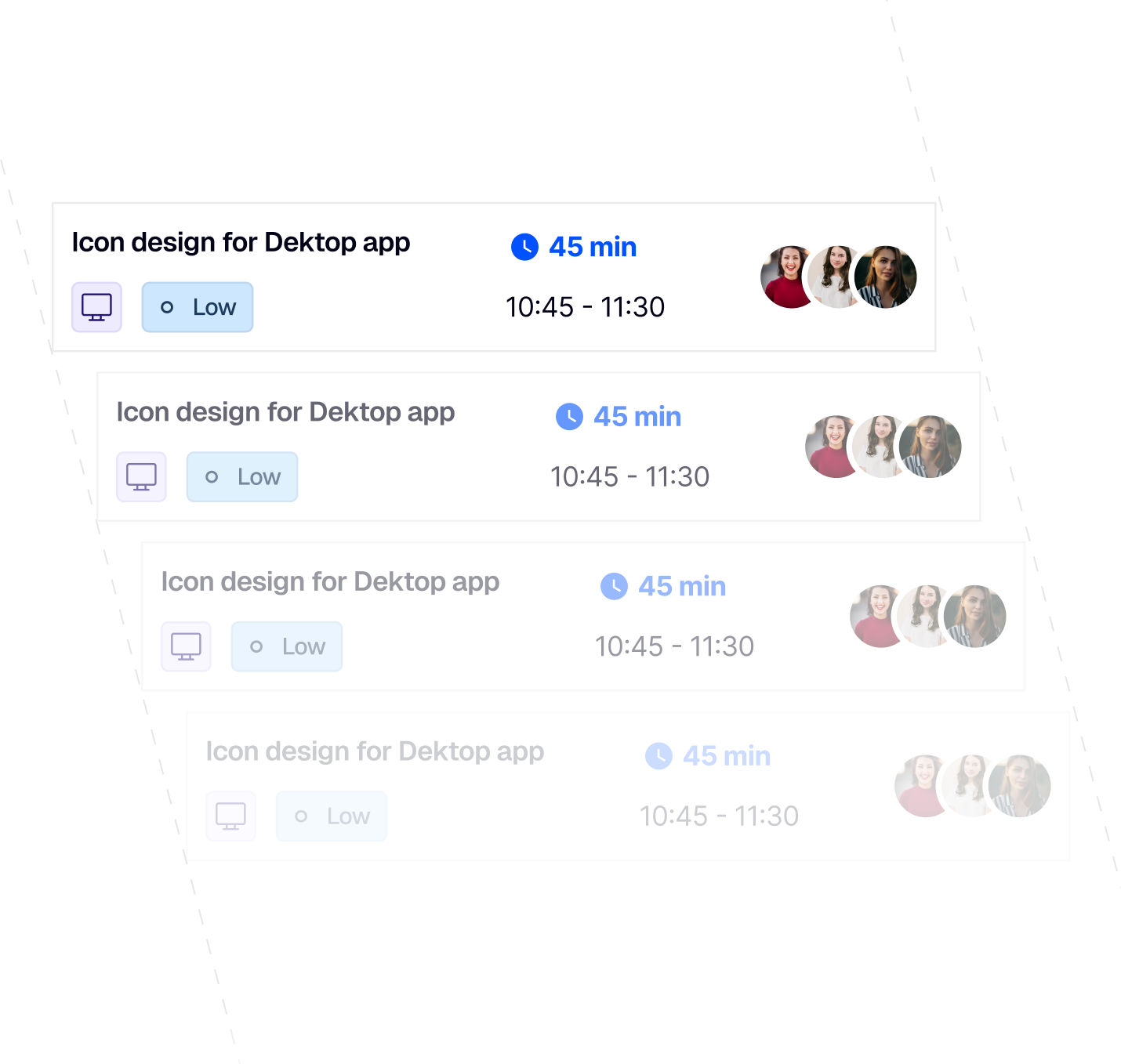 Six task cards titled 'Icon Design' with tags for Mobile app Medium, Desktop app Low, and Desktop app High, each showing three user avatars and icons for links and comments with counts 3 and 8 respectively.