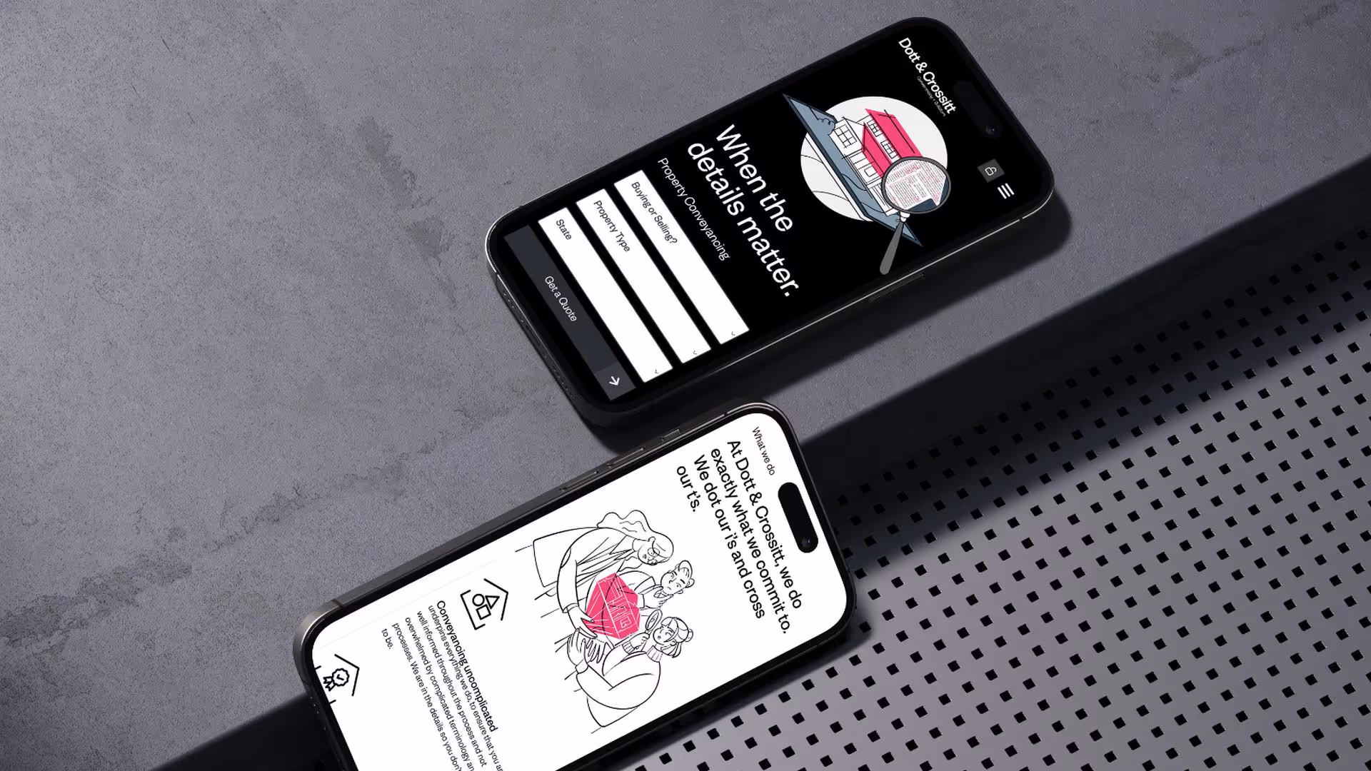 Two smartphones on a surface displaying a real estate app with illustrations and text about property conveyancing and getting a quote.