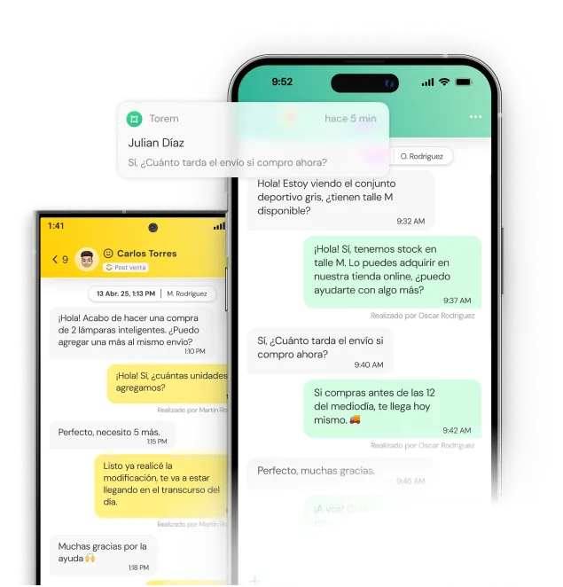 Two smartphones showing customer service chat conversations in Spanish about product availability, order modifications, and shipping times.
