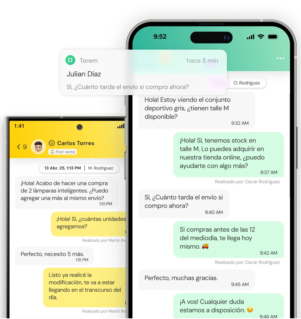 Two smartphones showing conversation screens in Spanish about product orders and delivery times, with messages highlighted in yellow and green chat bubbles.