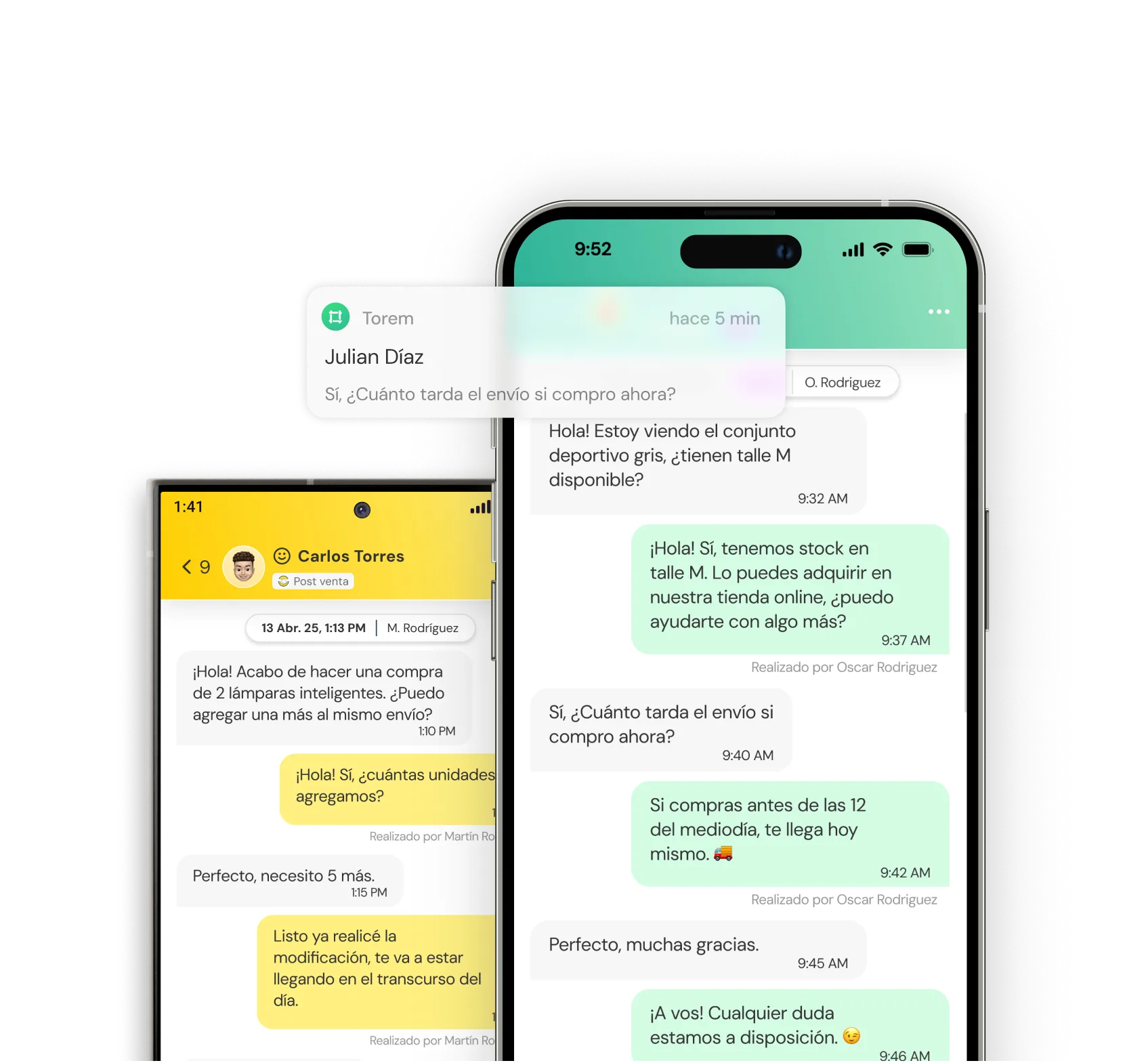 Two smartphones displaying customer service chat conversations in Spanish about product inquiries and shipping times.
