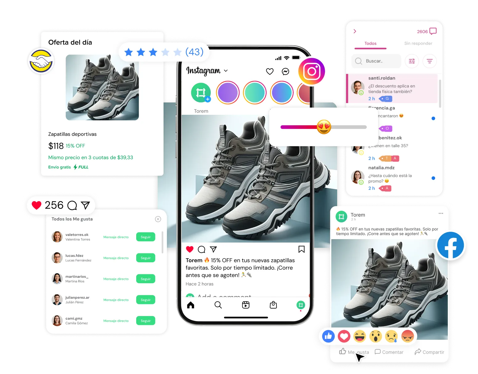 Social media posts and messages promoting gray and black athletic shoes with a 15% discount and positive interactions on Instagram and Facebook.