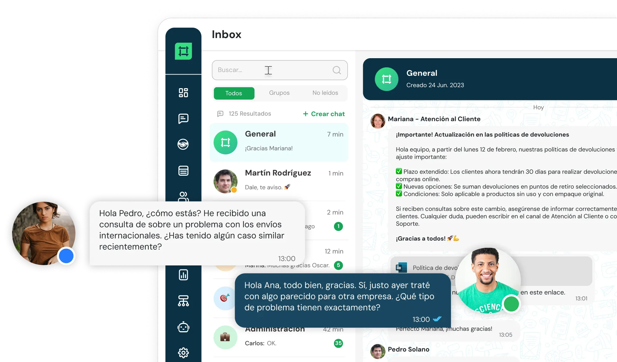 Chat interface showing a conversation about issues with international shipments in Spanish between two users with profile pictures.