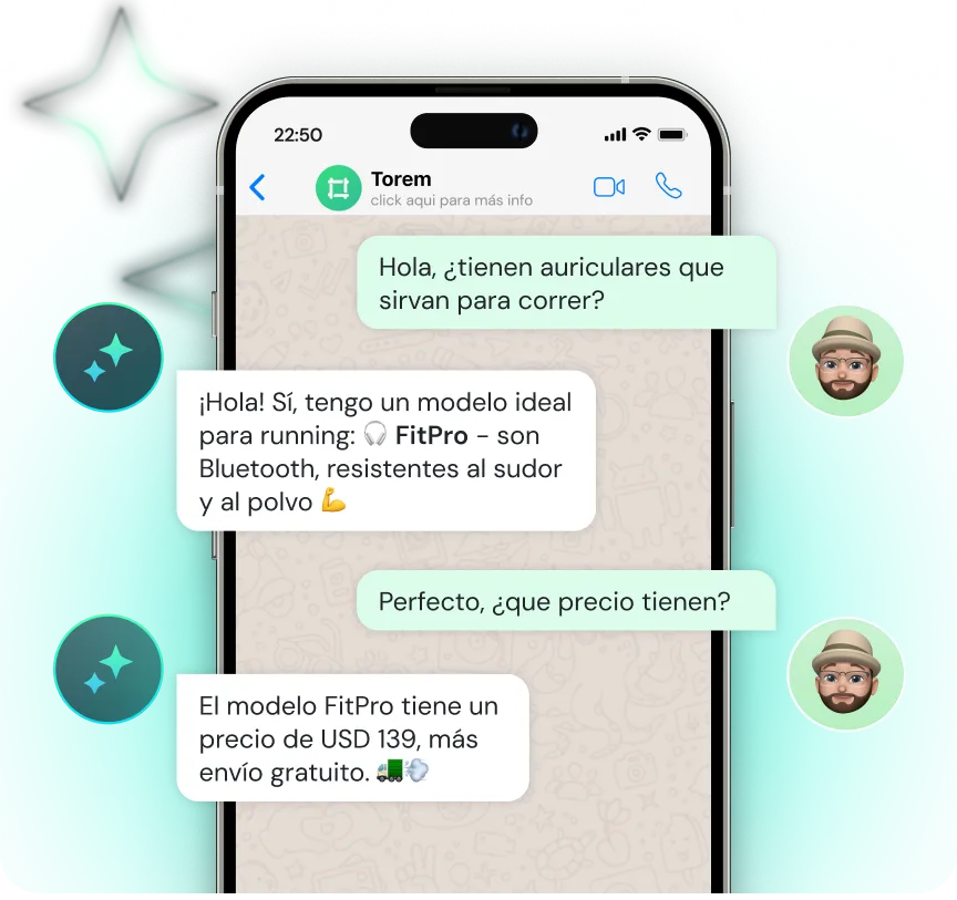 Smartphone screen showing a chat conversation in Spanish about FitPro Bluetooth earbuds ideal for running, priced at USD 139 with free shipping.