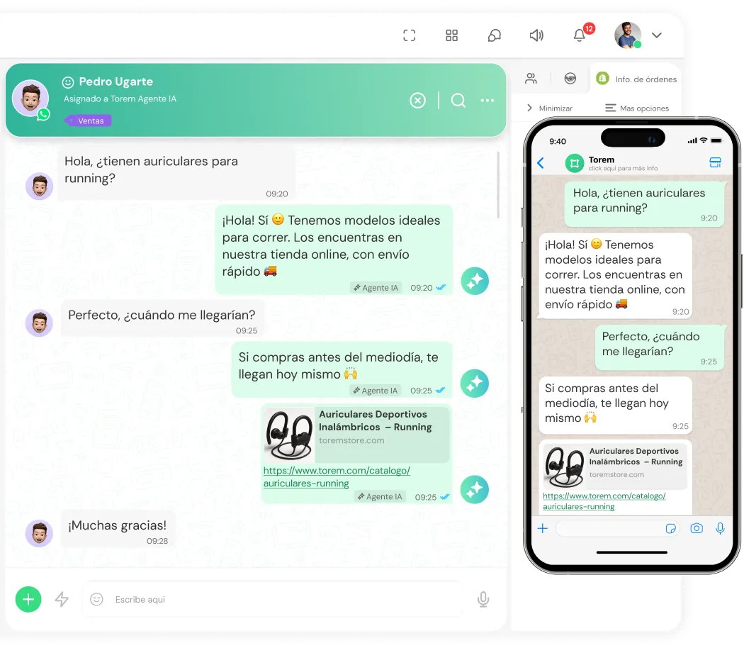 Chat conversation on desktop and mobile showing a customer asking about running headphones and receiving info about wireless sports headphones with online store link and delivery details.
