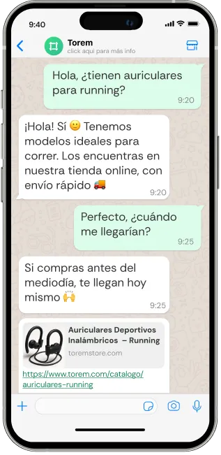 Smartphone screen showing a WhatsApp chat asking about wireless running earphones with a reply offering ideal models available online and same-day delivery if bought before noon.