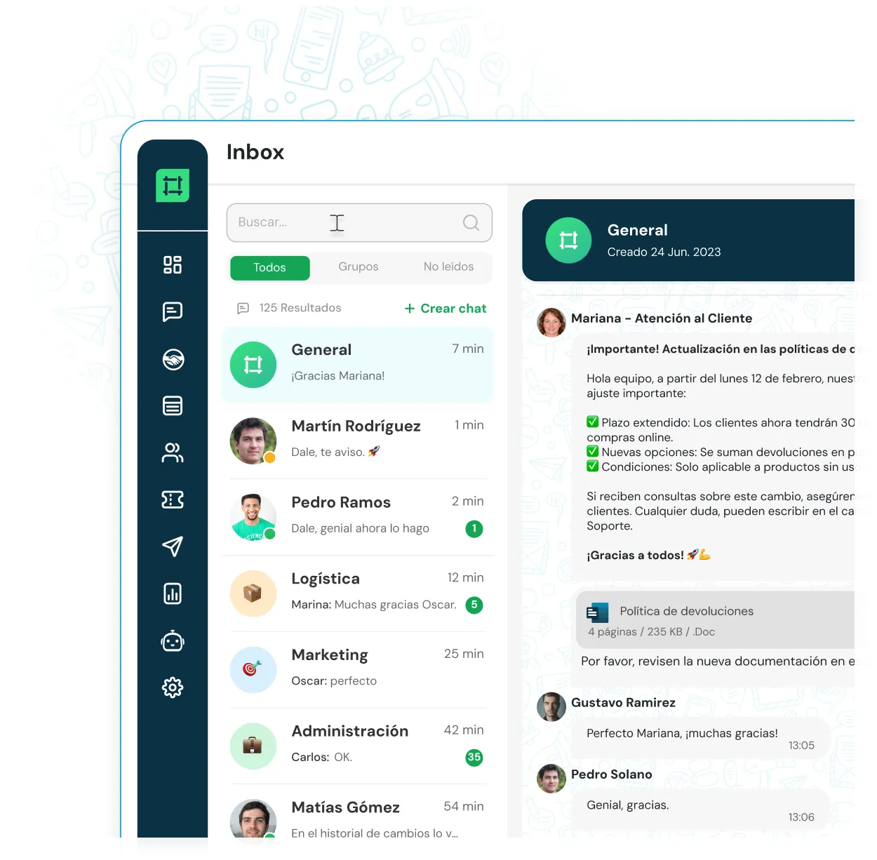 User interface of a messaging app showing an inbox with chat conversations listed on the left and a detailed chat conversation with updates on return policies on the right, displayed in Spanish.