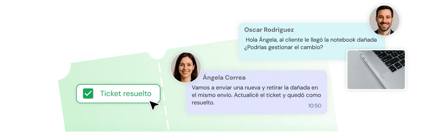 Chat conversation in Spanish between Oscar Rodriguez and Ángela Correa about managing the replacement of a damaged notebook, with a photo of a laptop and a cursor clicking 'Ticket resuelto'.
