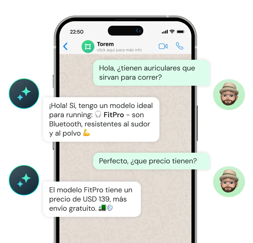 Chat conversation on a mobile phone about FitPro Bluetooth sweat- and dust-resistant running earphones priced at USD 139 with free shipping.