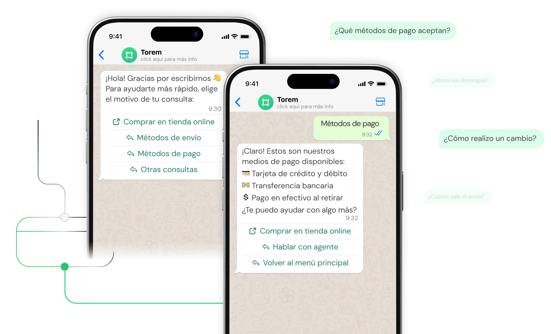 Two smartphone screens showing a chat with Torem, where a user asks about payment methods and receives options like credit/debit card, bank transfer, and cash on pickup, with navigation links to online store, agent chat, and main menu.