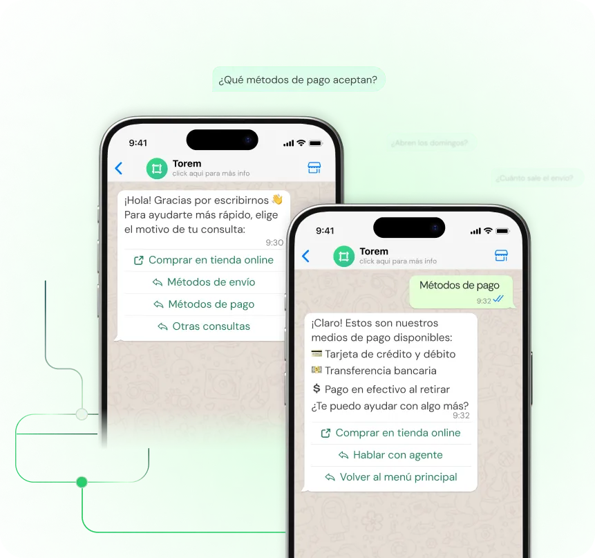 Two smartphone screens showing a WhatsApp chat in Spanish where a customer asks about payment methods and a business named Torem replies with options including credit/debit card, bank transfer, and cash on pickup.