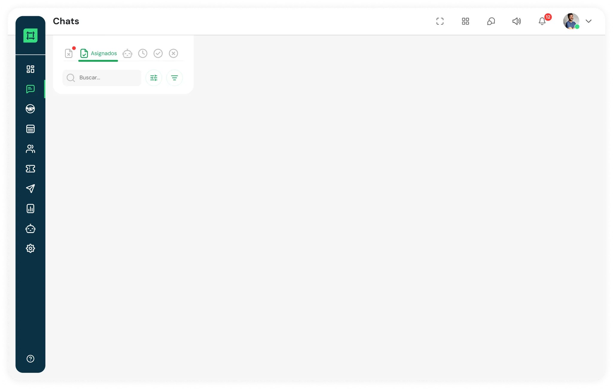 Chat interface with left sidebar icons and a top bar showing notifications and user profile.
