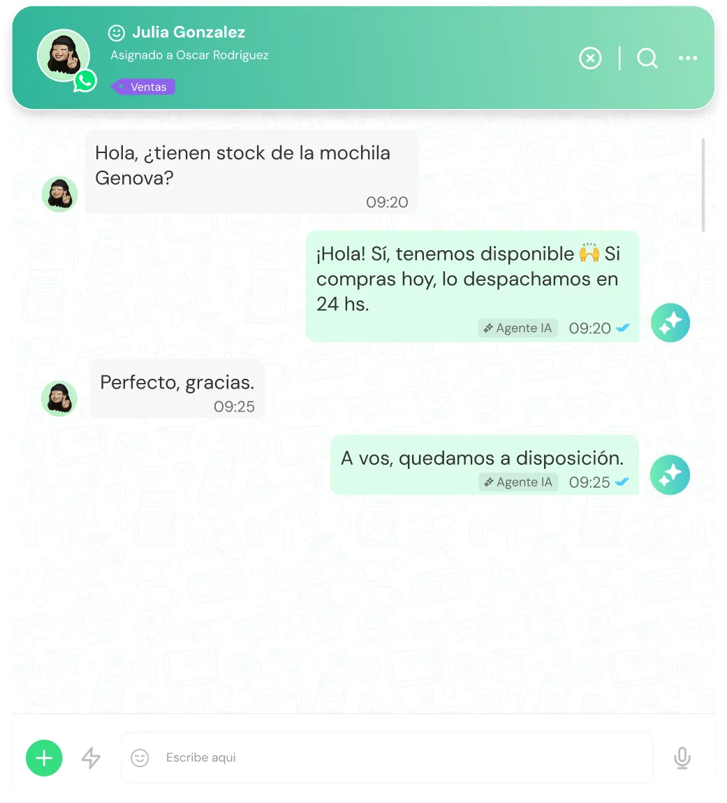 WhatsApp chat where Julia Gonzalez asks about Genova backpack stock, AI agent confirms availability and dispatch in 24 hours.