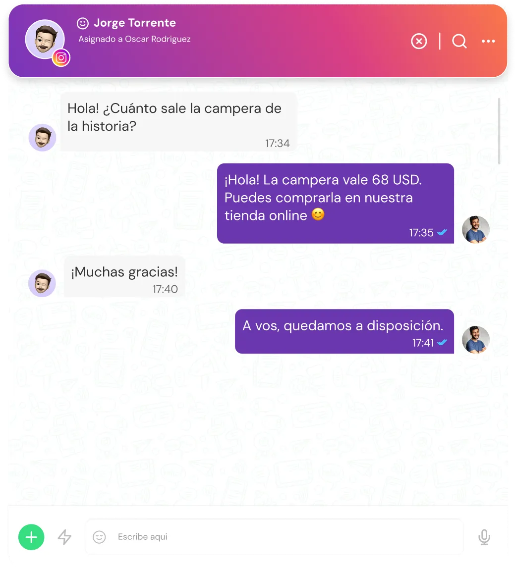 Chat conversation where Jorge Torrente asks the price of a jacket, and the reply states it costs 68 USD and can be bought online, followed by a thank you and a polite closing.