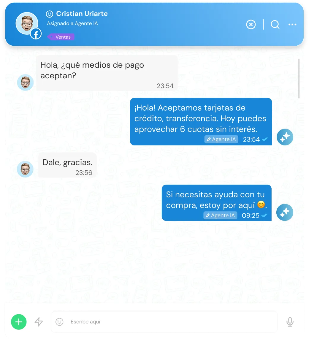 Chat conversation between Cristian Uriarte and AI agent discussing accepted payment methods including credit cards and transfers, with offer of 6 interest-free installments.