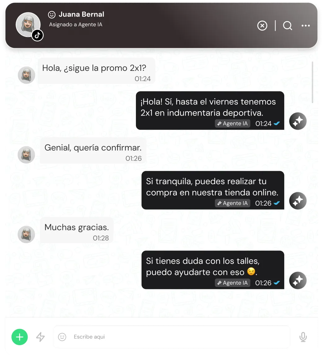 Chat conversation between Juana Bernal and an AI agent about a 2-for-1 promotion on sportswear lasting until Friday, with the agent offering online purchase and size assistance.