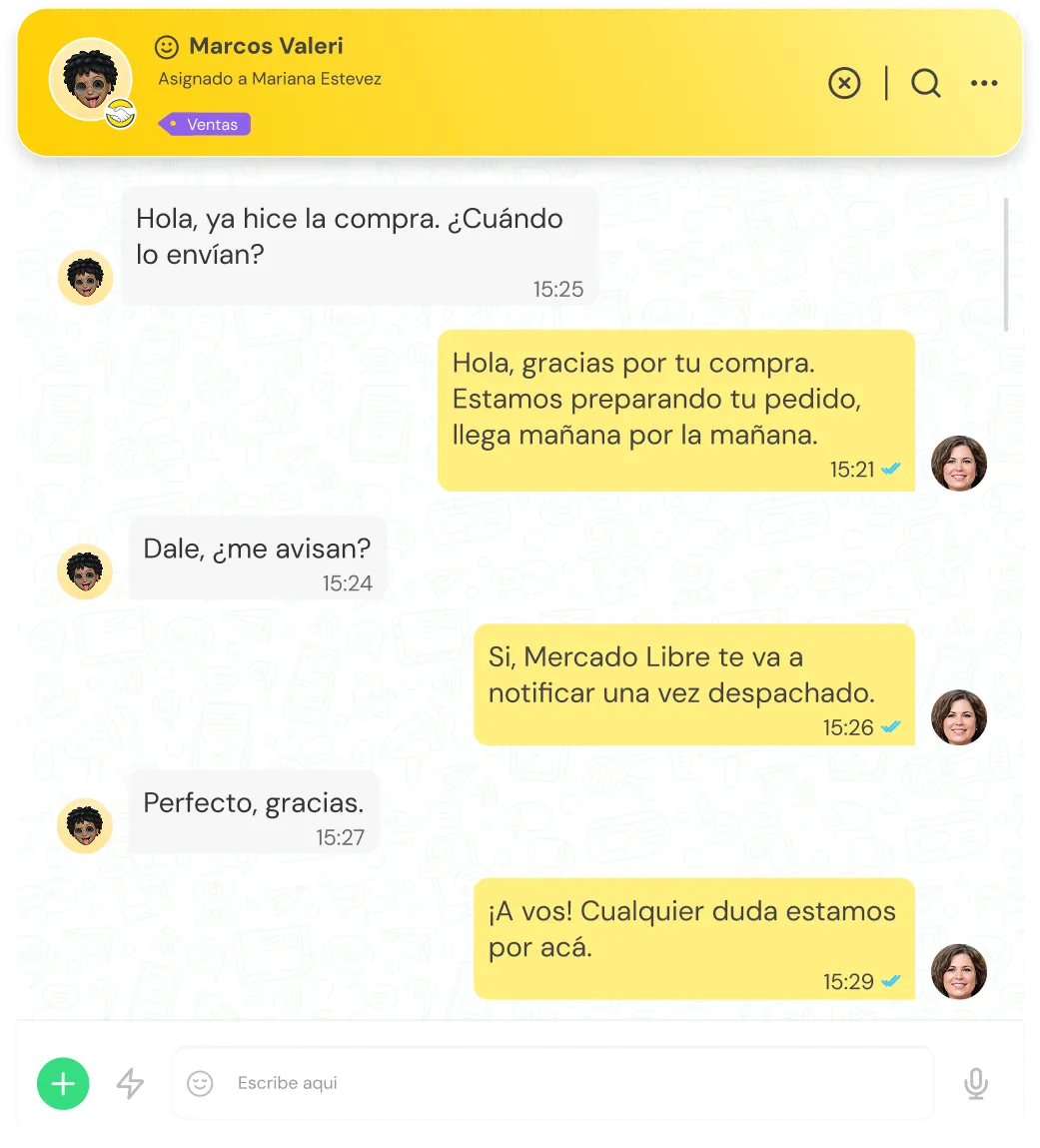 Chat conversation between Marcos Valeri and customer support about purchase shipping details, with messages confirming order preparation and notification on dispatch.