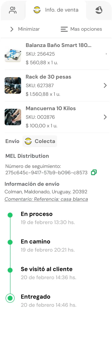 Mobile screen showing sales info with a list of items including balance scale, weight rack, and dumbbell, plus delivery tracking statuses from 'En proceso' to 'Entregado' with date and time stamps.