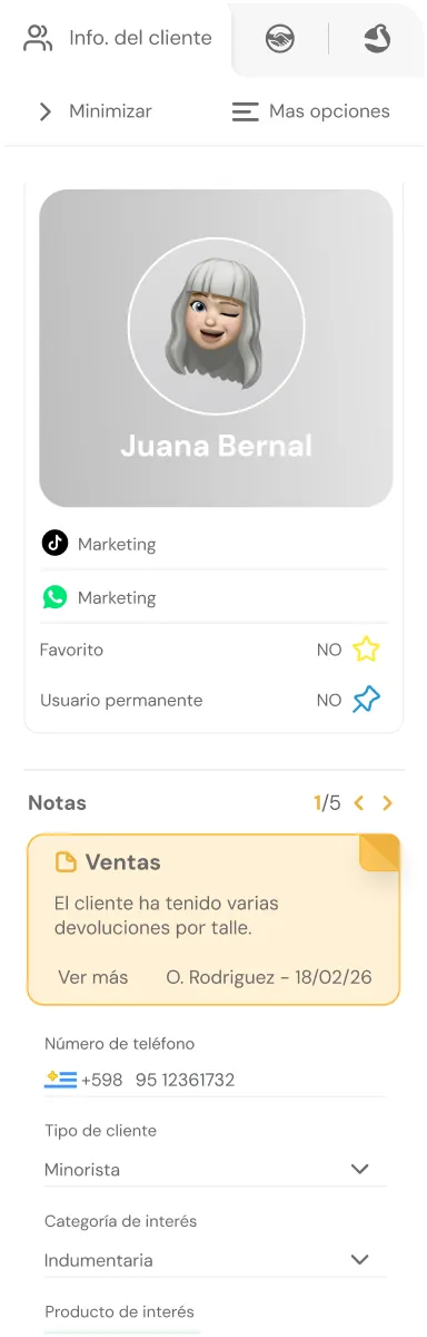 Customer profile interface showing Juana Bernal's avatar with grey hair winking, marketing tags for TikTok and WhatsApp, notes on sales with return issues, phone number, client type as retailer, and interest category as clothing.