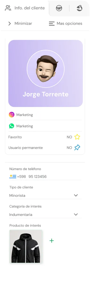 User profile card showing a winking male emoji face labeled Jorge Torrente with marketing contact icons, phone number +598 95 123456, client type 'Minorista', interest category 'Indumentaria', and a black jacket image as product of interest.