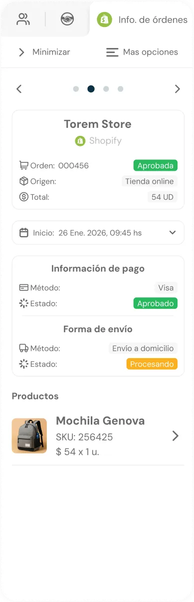 Shopify order details from Torem Store showing approved order 000456 for one Genova backpack priced at 54 USD with payment approved and shipping processing.