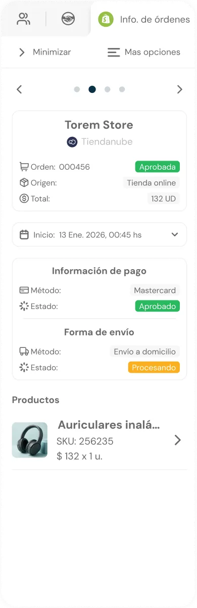 Mobile order information screen showing order 000456 from Torem Store with status Approved; payment by Mastercard Approved; shipping method home delivery Processing; includes wireless headphones product priced at 132 UD.