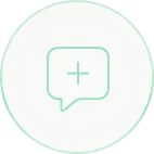 Green outline of a speech bubble with a plus sign inside on a circular light gray background.