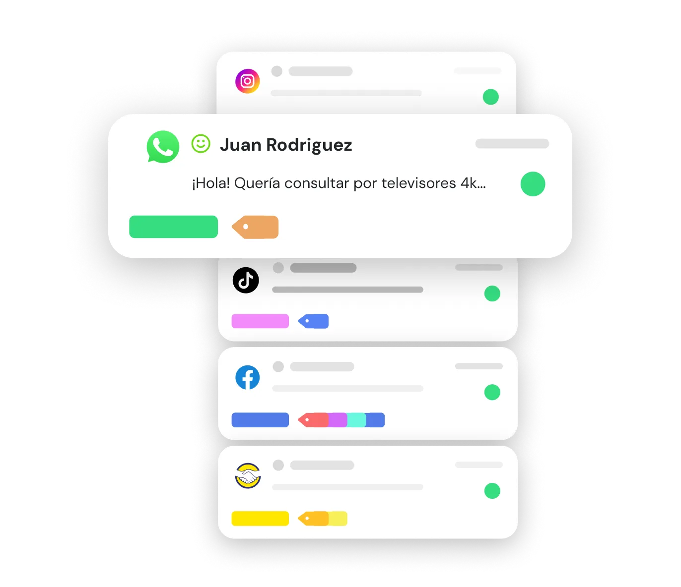 Interface displaying notifications from WhatsApp, Instagram, TikTok, Facebook, and a handshake icon, with a highlighted WhatsApp message from Juan Rodriguez asking about 4k televisions.