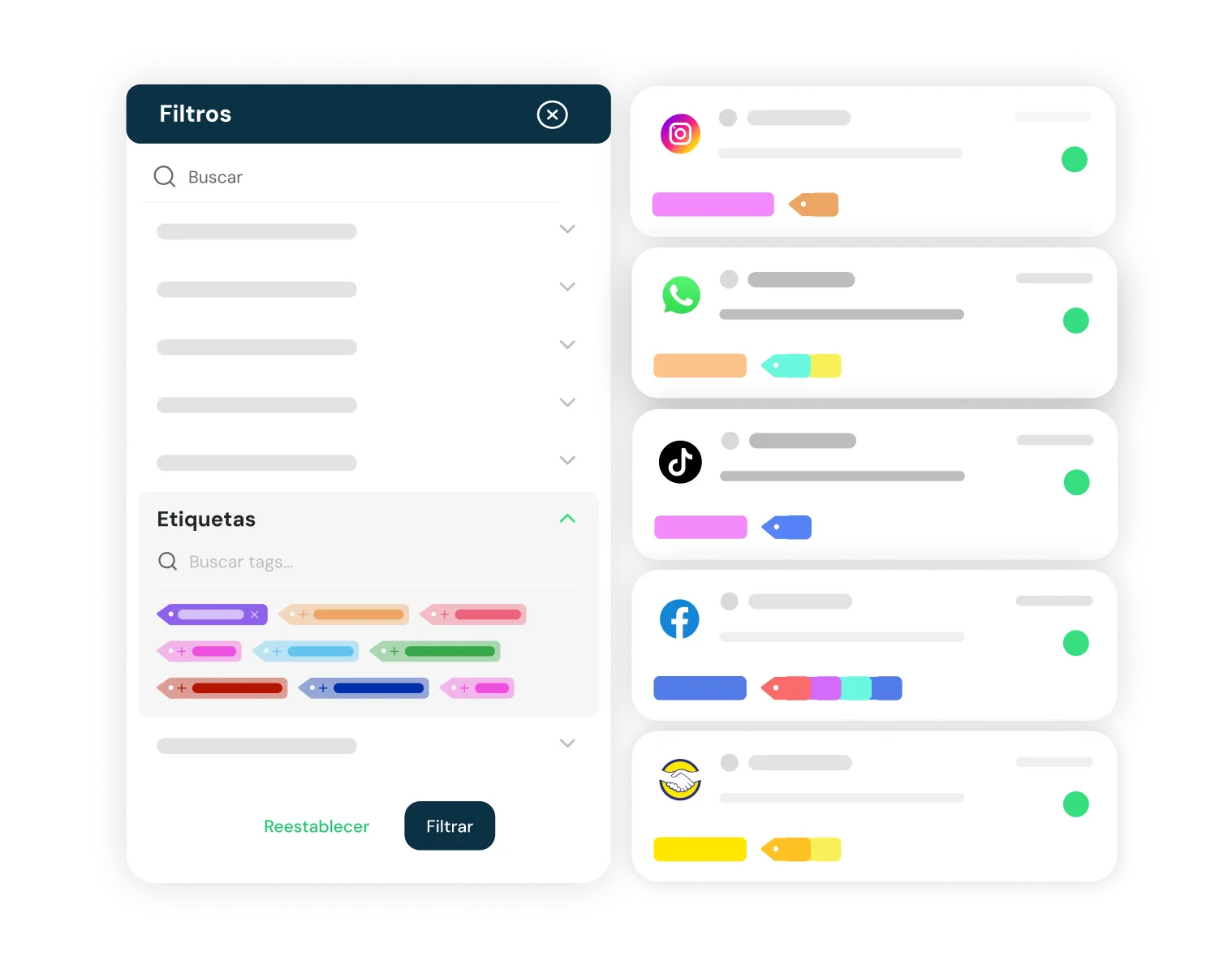User interface with filter panel on left showing search bar, expandable filter categories, and colorful tag labels, alongside a list on the right of social media and messaging app entries each tagged with colored labels and green status dots.