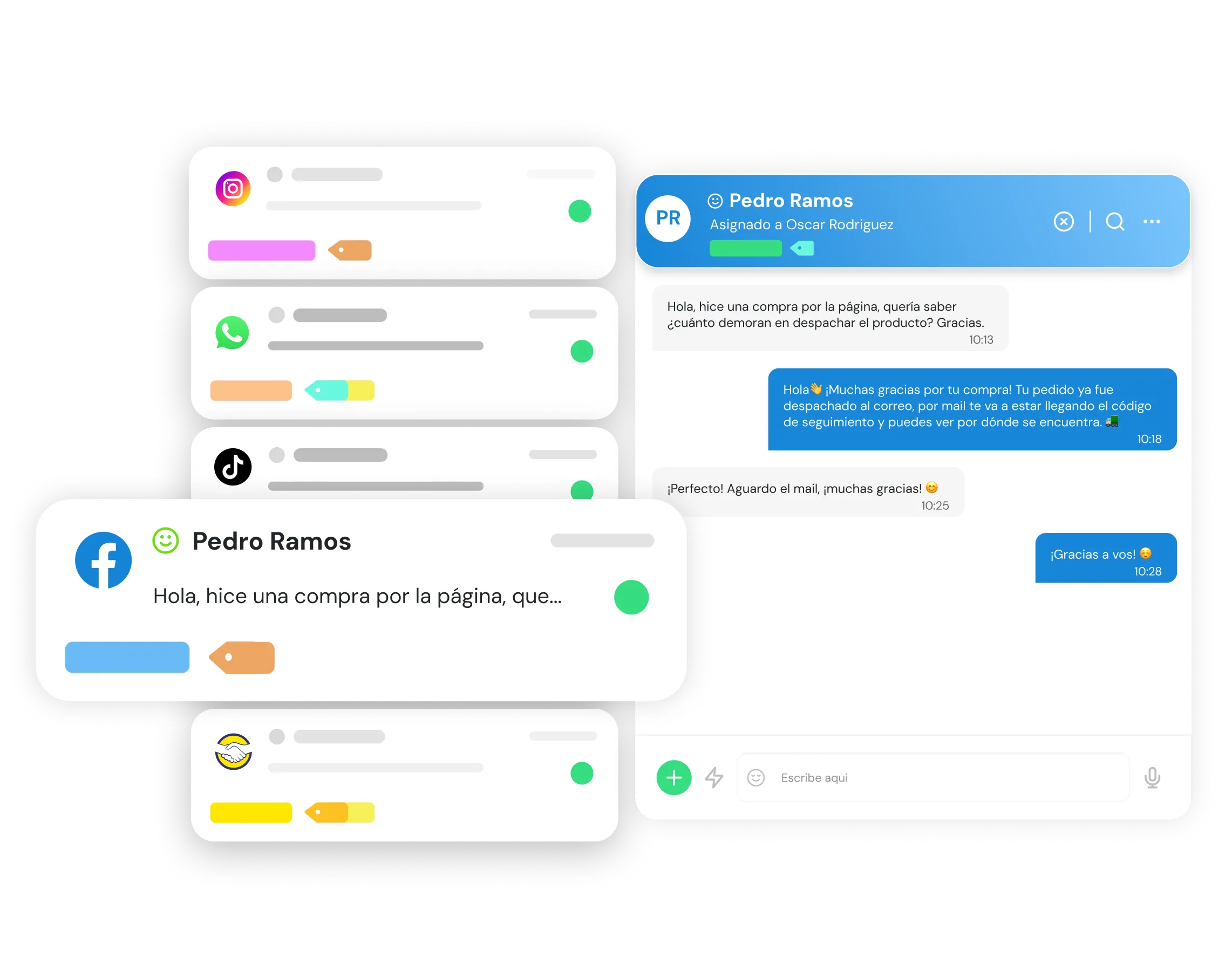 Customer support dashboard showing multi-platform messages including Instagram, WhatsApp, TikTok, Facebook, and a chat conversation in Spanish between Pedro Ramos and Oscar Rodriguez about order dispatch and tracking.