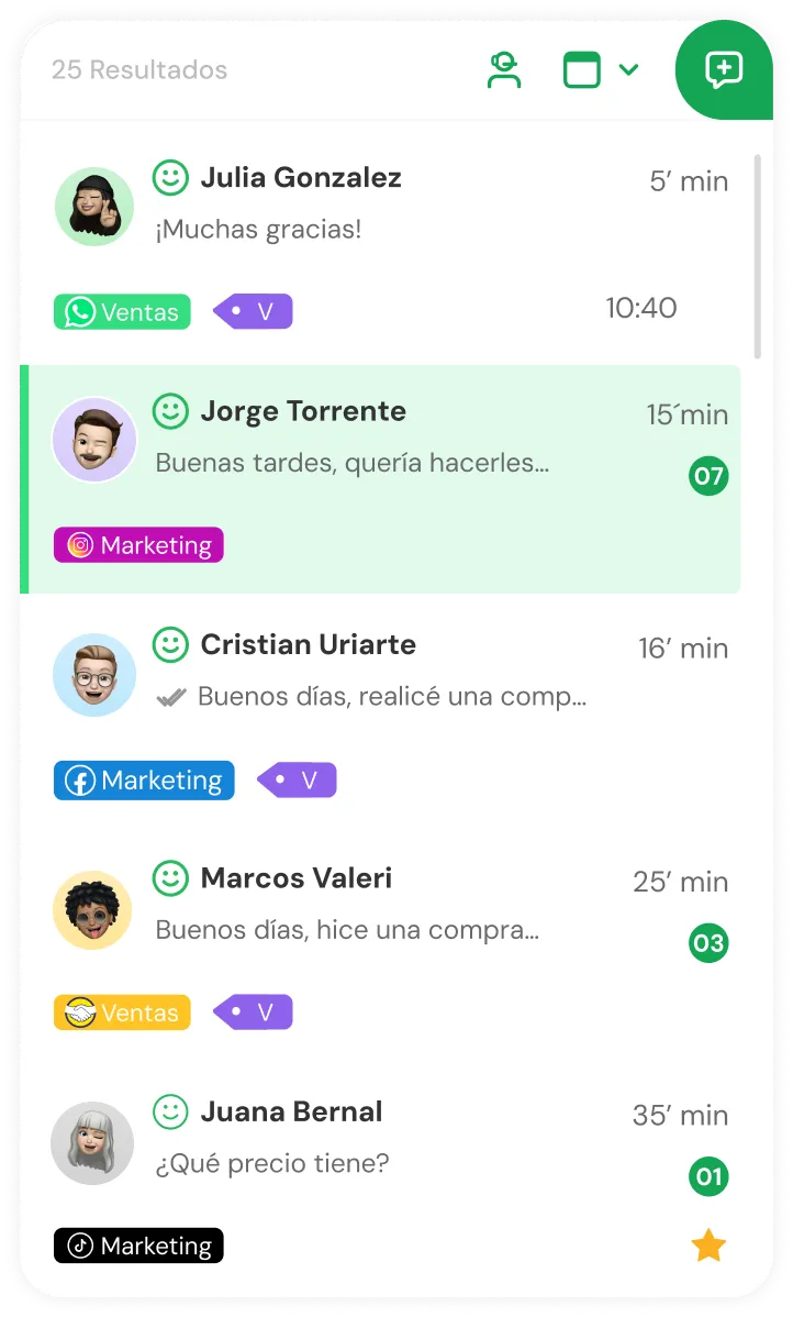 Chat list interface showing conversations from Julia Gonzalez, Jorge Torrente, Cristian Uriarte, Marcos Valeri, and Juana Bernal with timestamps and category tags for sales and marketing.