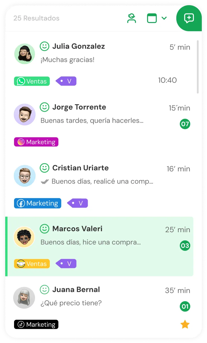 Chat list showing conversations with Julia Gonzalez, Jorge Torrente, Cristian Uriarte, Marcos Valeri, and Juana Bernal with timestamps and tags like Ventas and Marketing.