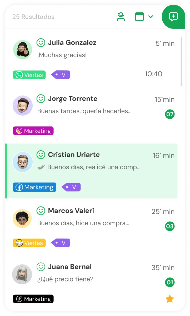 Chat list on a messaging app showing five conversations with avatars, names, message previews, timestamps, and colored category tags like Ventas and Marketing.