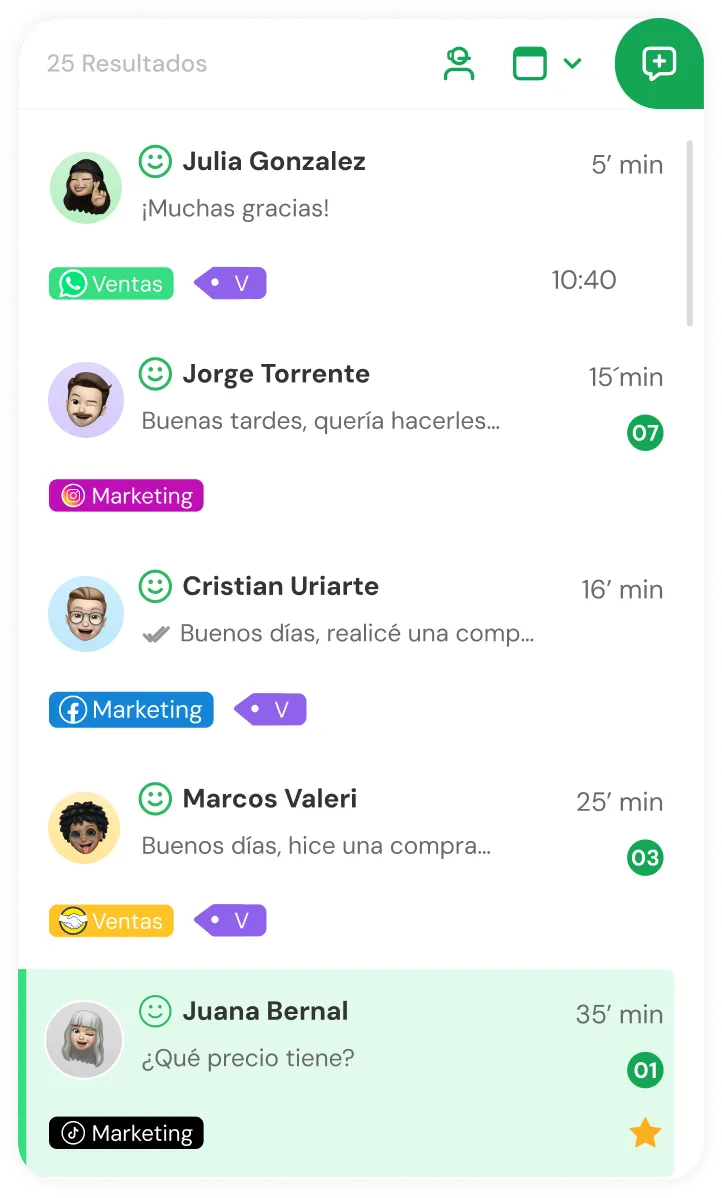 Chat app interface with five recent messages from Julia Gonzalez, Jorge Torrente, Cristian Uriarte, Marcos Valeri, and Juana Bernal, each with avatars, message previews, timestamps, tags for Sales or Marketing, and some with status icons.
