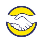 Icon of two hands shaking inside a yellow and blue circular border.